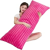 Memfydu Full Body Pillow 20x54 Inches with Fluffy Striped Faux Fur Cover - Hot Pink for Side Sleepers & Pregnancy Support