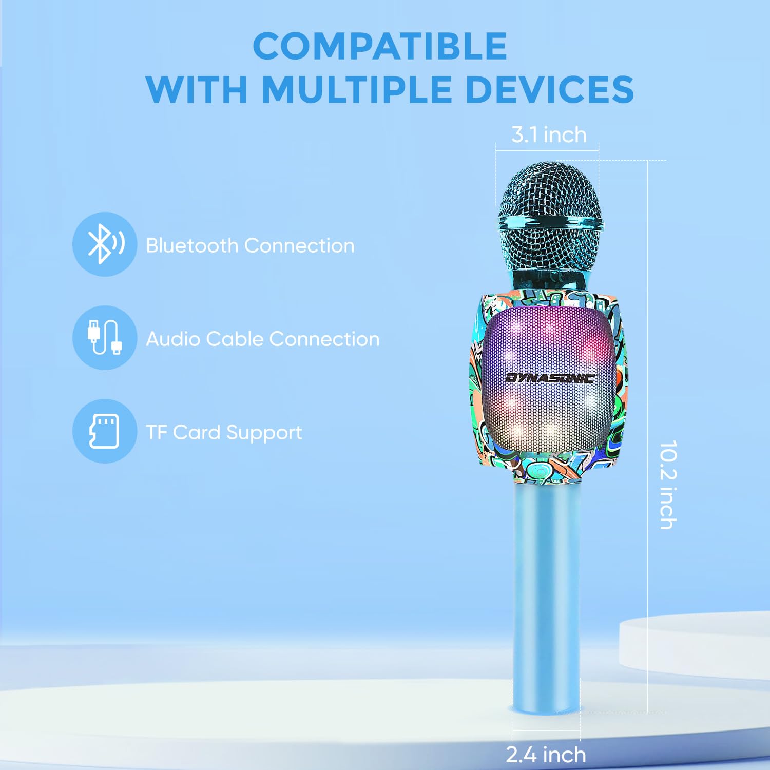DYNASONIC Microfono per karaoke Bluetooth, giocattoli per bambini e bambine, microfono senza fili, portatile, con luci LED per bambini, regali originali per bambini (DM-05 blu)
