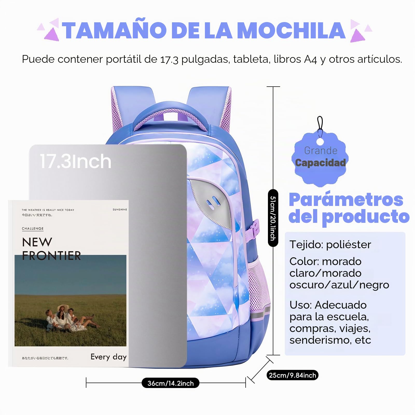 Amythe Mochila Escolar Adolescentes Niñas 8 a 15 Años Joven 46L, Azul Claro