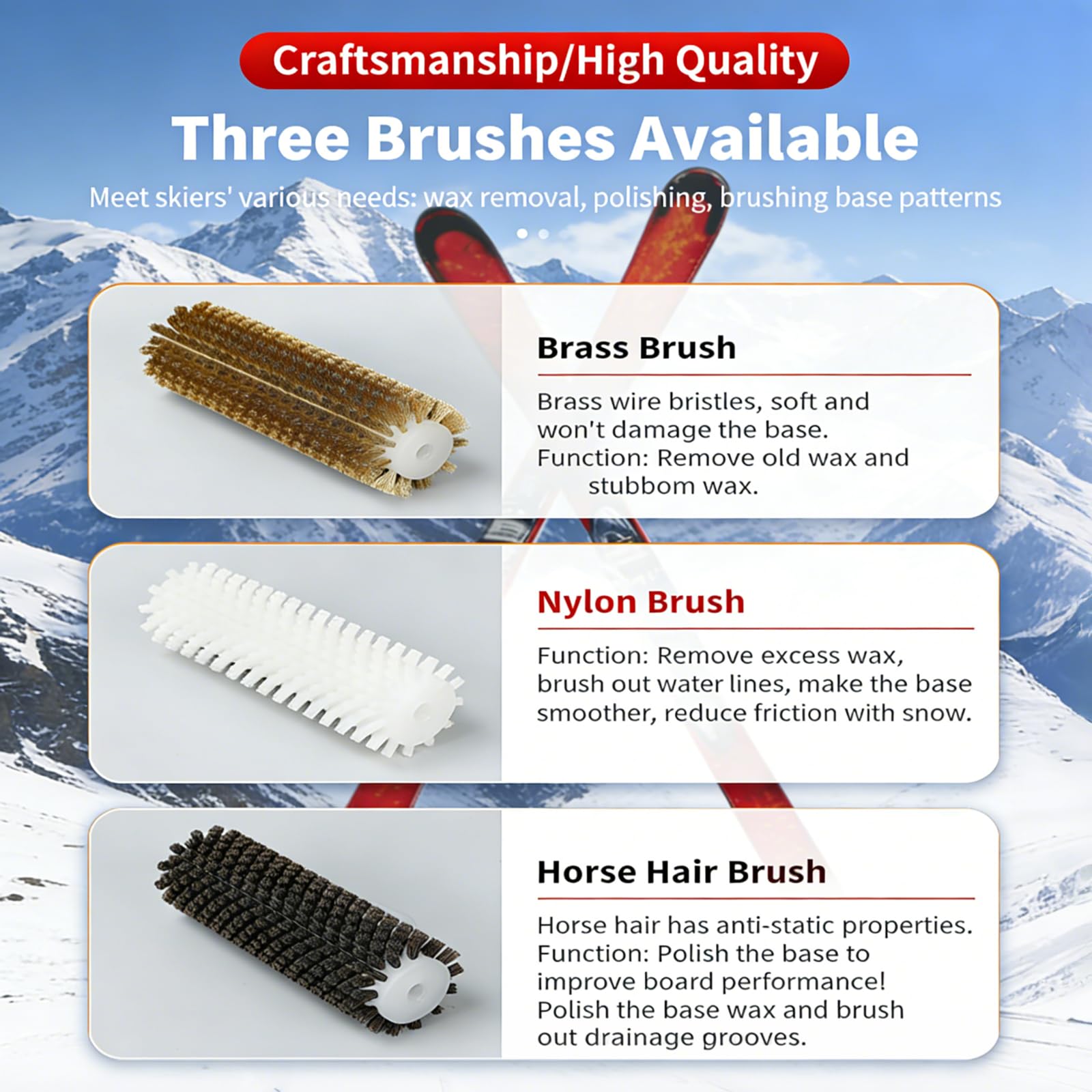 Kit De Brosses Rotatives pour Skis 150/300 Mm, Kit De Brosses À Farter pour Snowboards, Comprenant 3 Brosses, pour Farter Et Retirer Facilement Le Fart, Utilisable avec Une Perceuse Électrique