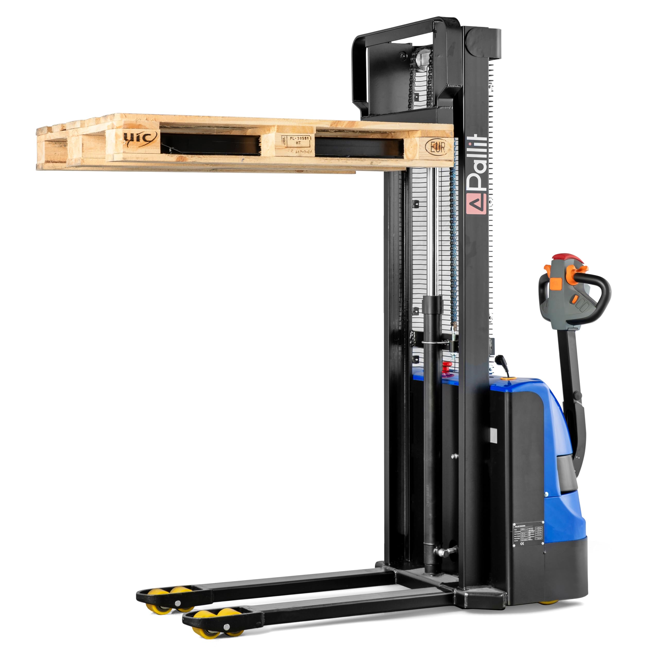 Transpaleta eléctrica Pallit BUDGET-XS | 1600 mm altura de elevación | 1200 kg capacidad de carga | incl. 2 baterías de plomo-gel | apilador eléctrico