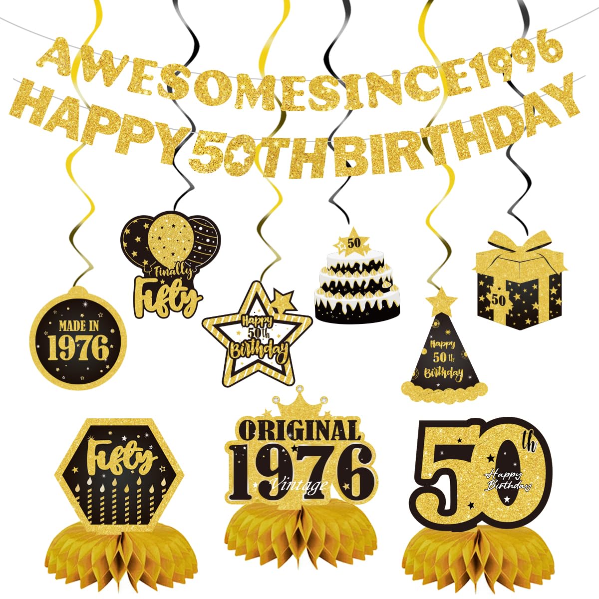 Decoraciones de feliz cumpleaños número 50 para hombres y mujeres, pancarta de fiesta negra y dorada con impresionante cartel desde 1976, 11 piezas, incluyendo remolinos colgantes y centros