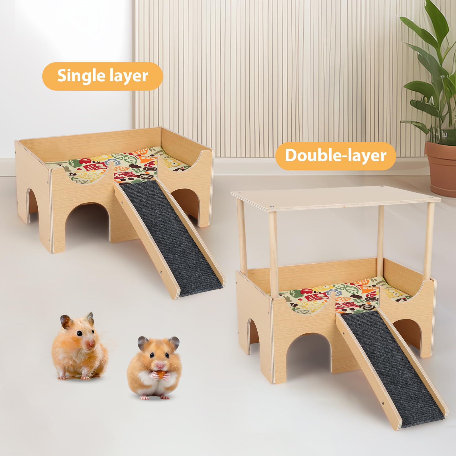 Wooden Guinea Pig House, Hideout Hut with 4 Caves and Stairs, Detachable Guinea Pig Castle with Ramp&Anti-slip Mat & Cushion - Image 2