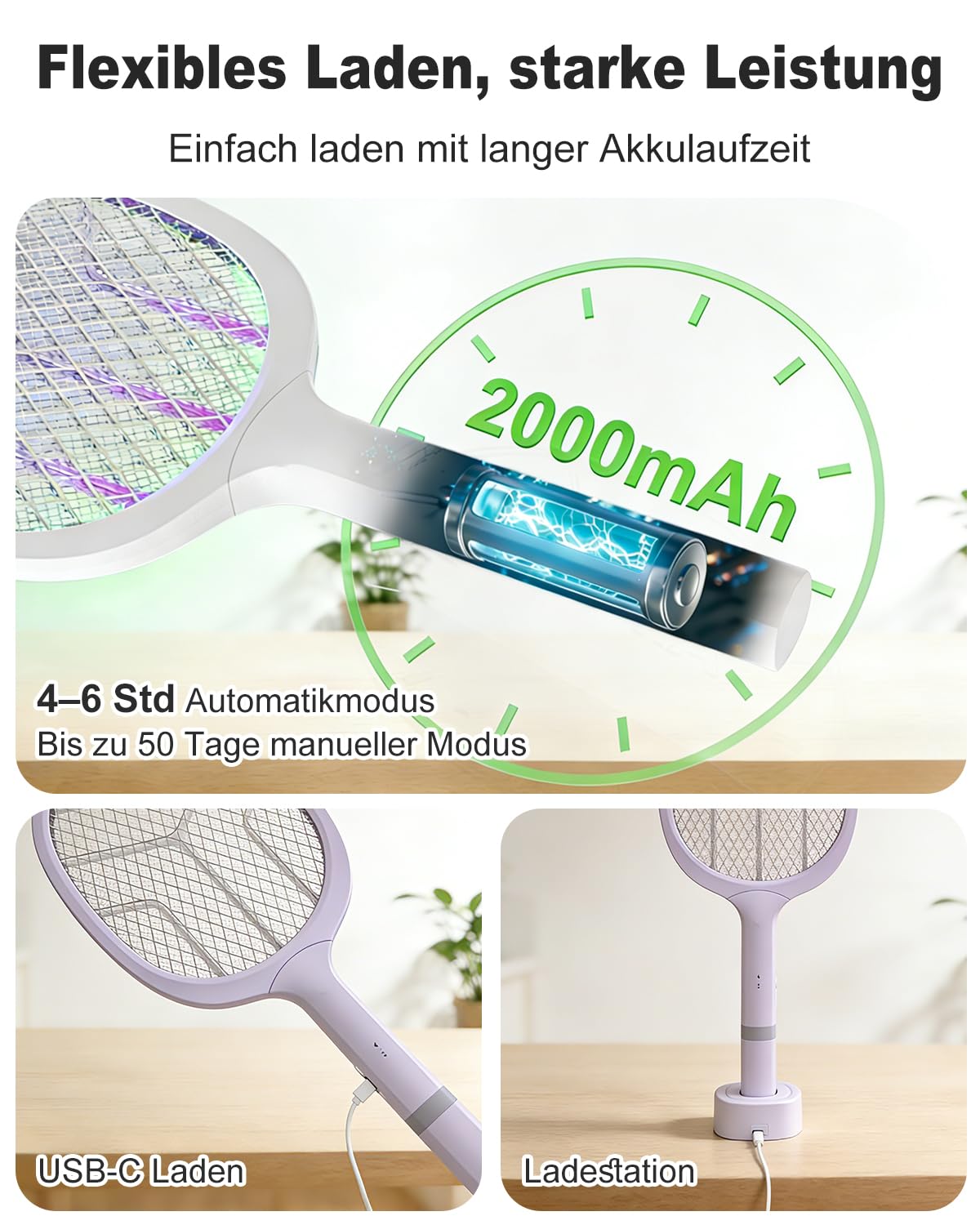 Elektrische Fliegenklatsche 4800V Extra Stark, 2 in 1 Mückenklatsche Elektrisch mit UV Lichtfalle, USB-C Aufladbar Insektenvernichter, Fliegenfänger & Mückenfalle für Innen Schlafzimmer Outdoor