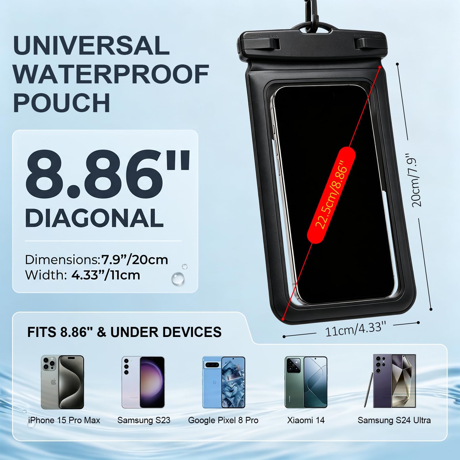 Wasserdichte Handytasche, mit Innentasche, große wasserdichte Schutzhülle für iPhone 15, 14, 13 Pro Max, IPX8-zertifiziert und leicht, für Strand, Kreuzfahrt, Schiff, 1 Packung, Schwarz, 21,6