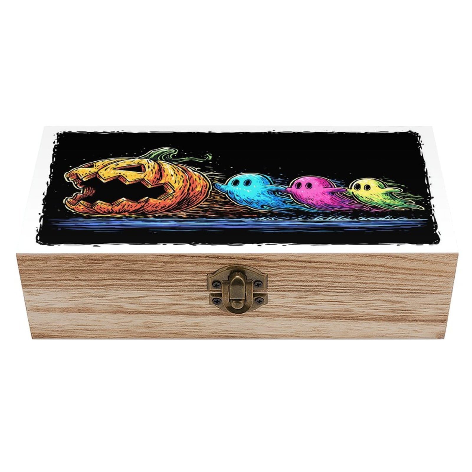 Three Cartoon Ghosts Halloween Pumpkin Wooden Storage Box with Hinged Lid