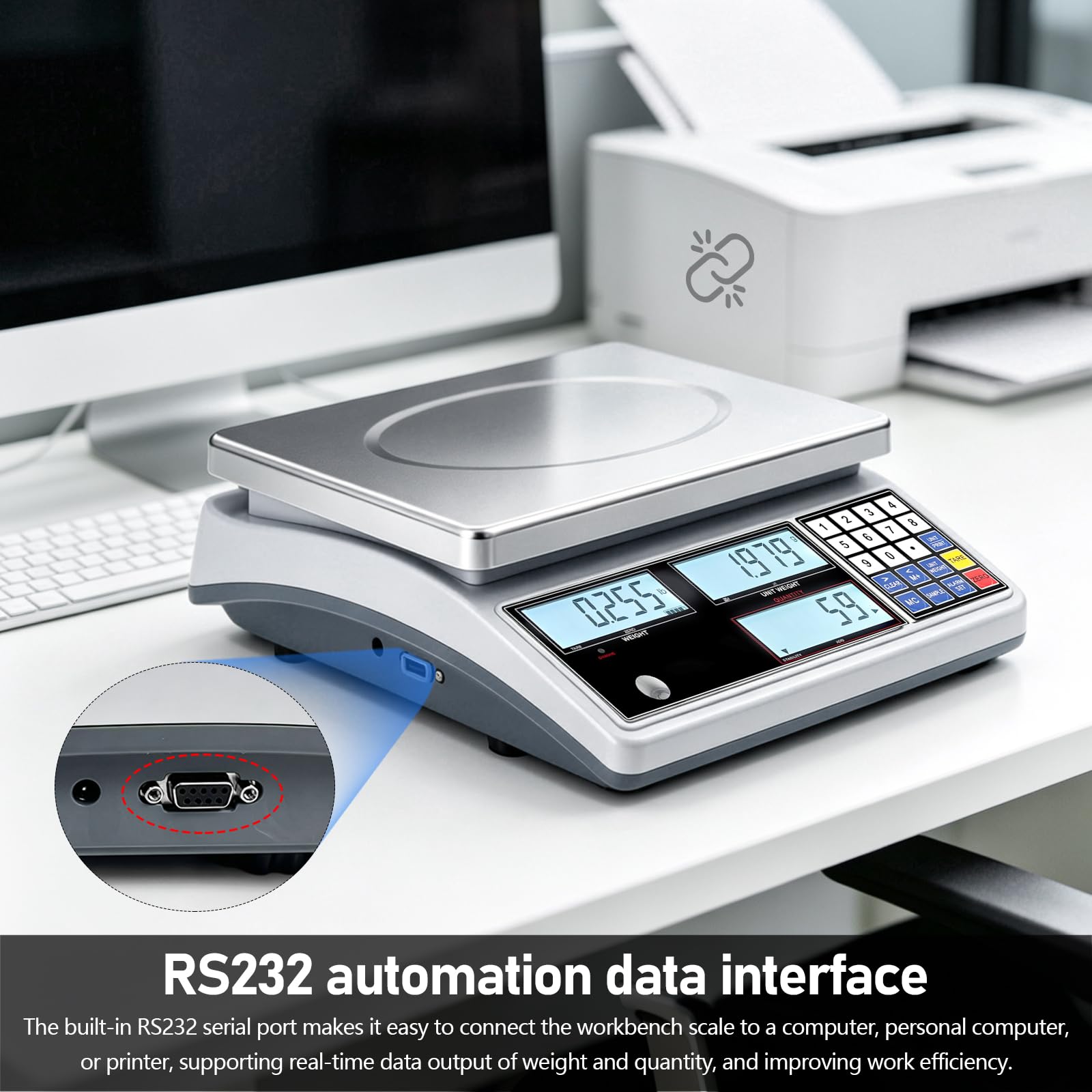 Balance Compteuse 30kg 1g, Balance Industrielle de Précision avec Interface RS232 et Alarme de Limite Balance Digitale de Table pour Inventaire Laboratoire et Atelier g lb kg sans Batterie
