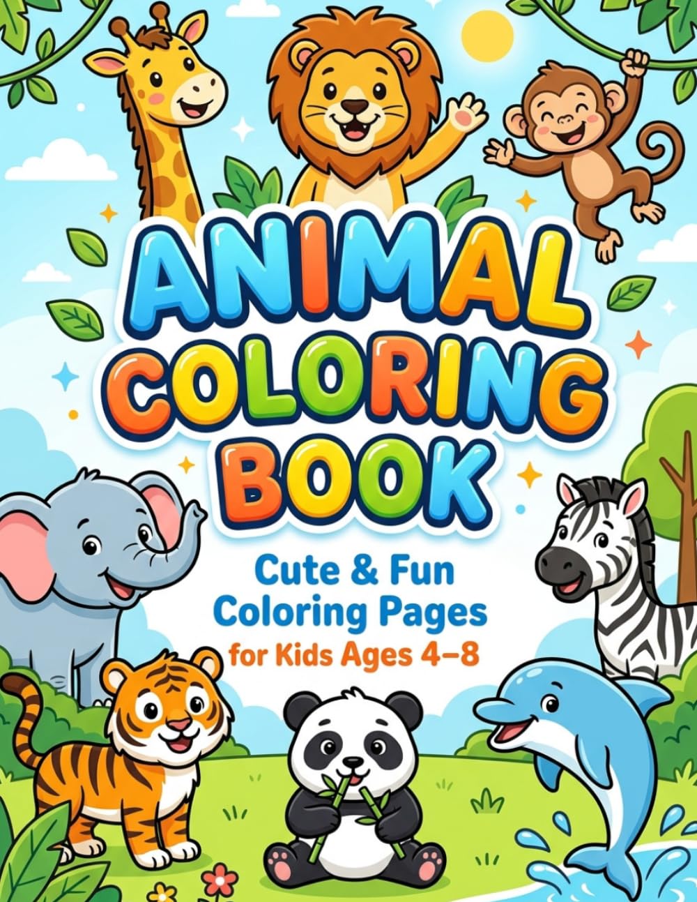 Animal Coloring Book: Cute & Fun Coloring Pages for Kids Ages 4–8 | Jungle, Farm, Forest & Ocean Animals