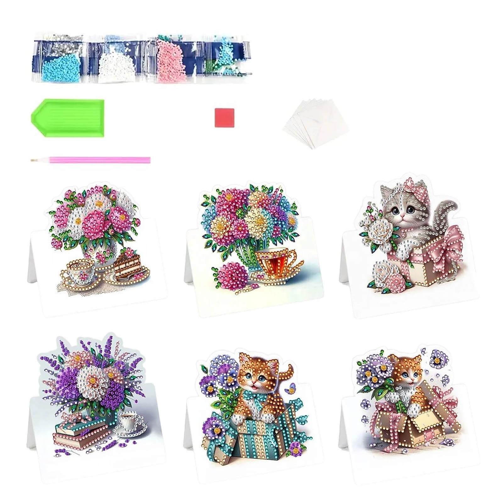 6 Packs DIY Diamond Art Birthday Cards with Envelopes, 5D Crystal Diamond Art Painting Card Kits for Family and Friends, Handmade Postcard Gifts for Birthday (Colour 4)