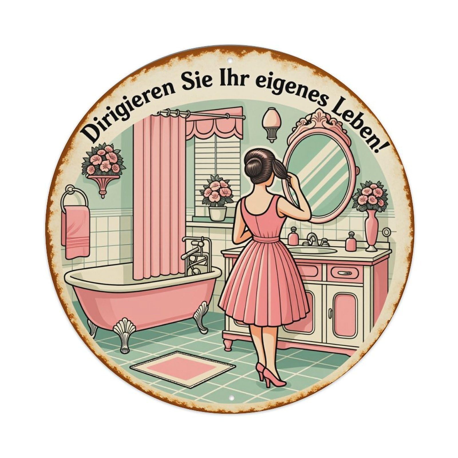 Retro Bathroom Woman Mirror Pink Round Tin Sign Vintage Metal Poster Retro Bar, Home, Man Cave, Kitchen, Laundry Room Wall Art Decor Gift 8x8Inch