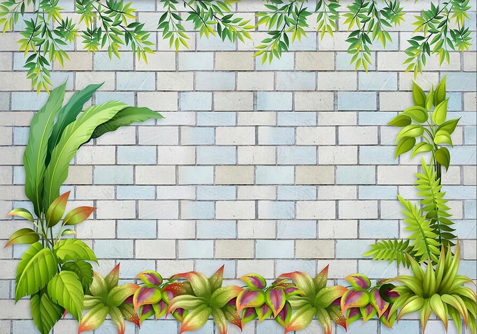 Papel Pintado Pared Papel Pared Plantas Hojas Geométrica Pared de Ladrillo Verde 300x240cm PanoráMico No Tejido Seda Murales Decoracion Pared