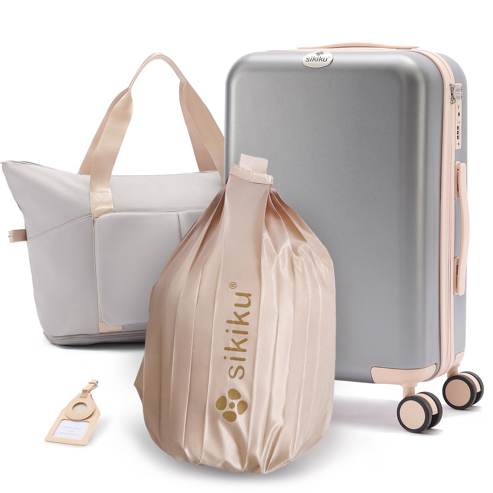 4-Piece Lightweight Luggage Sets for Women, Hardshell Spinner Suitcase with TSA Lock, Expandable Duffel Bag, Luggage Strap, and Leather Tag (Silver