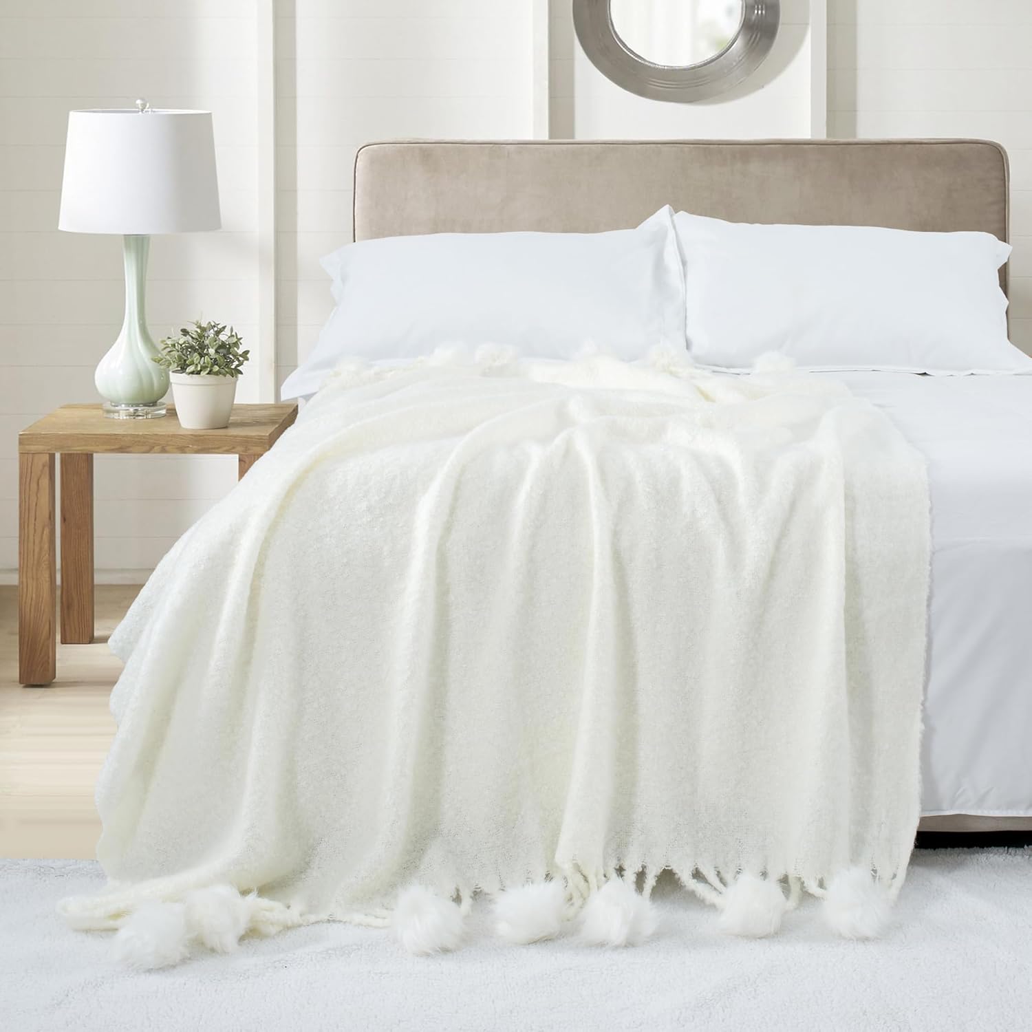 White Pom Pom Throw Blanket for Couch, 60"X80" Soft Lightweight Knitted Farmhouse Decorative Blankets for Bed and Sofa - Image 2