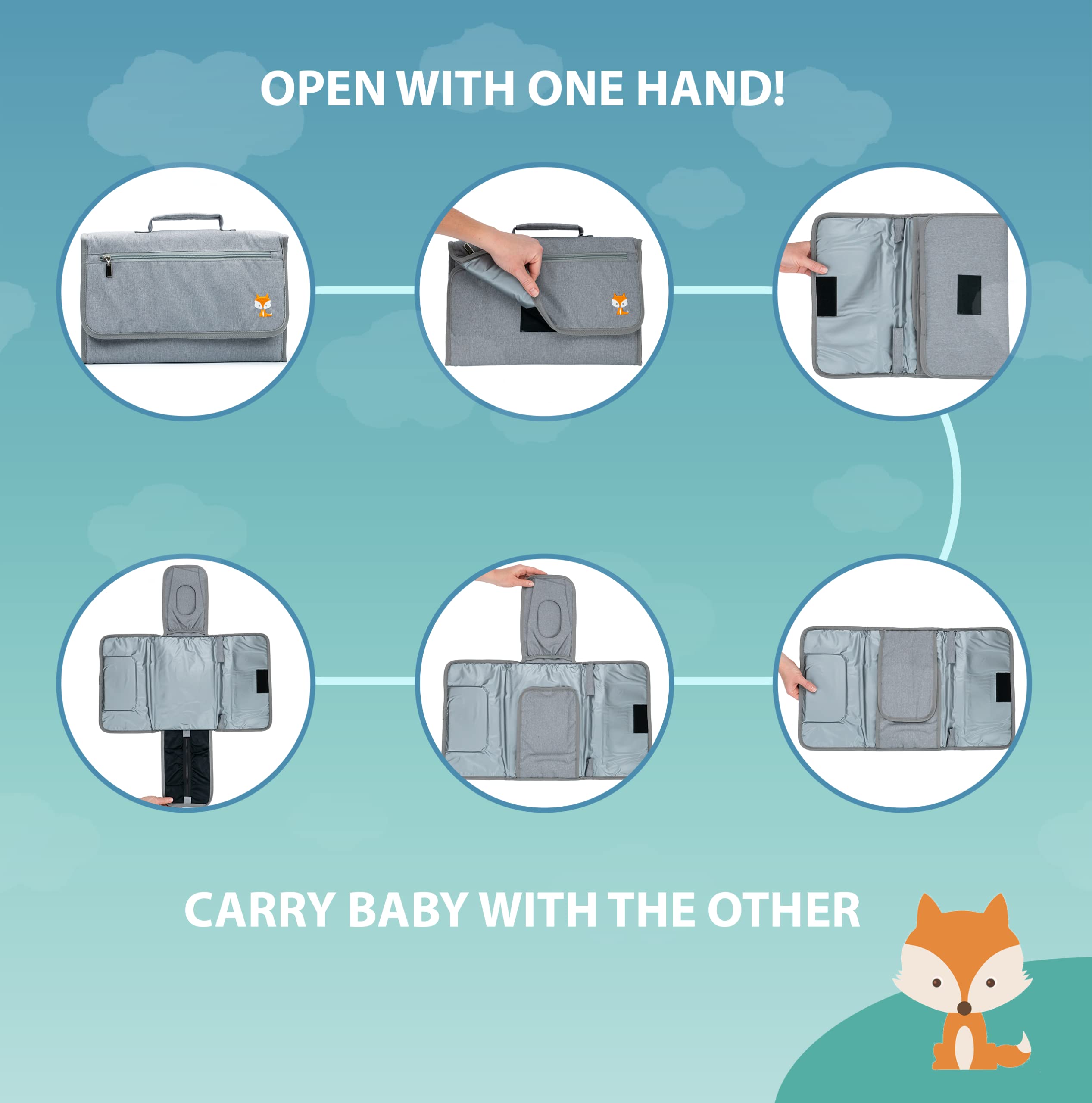 Cambiador de bebé de Lil Fox. Portátil para bolsa de pañales o almohadilla de mesa. Regalos de ducha con una sola mano, artículos esenciales para recién nacidos, bloque de cosas unisex, color gris