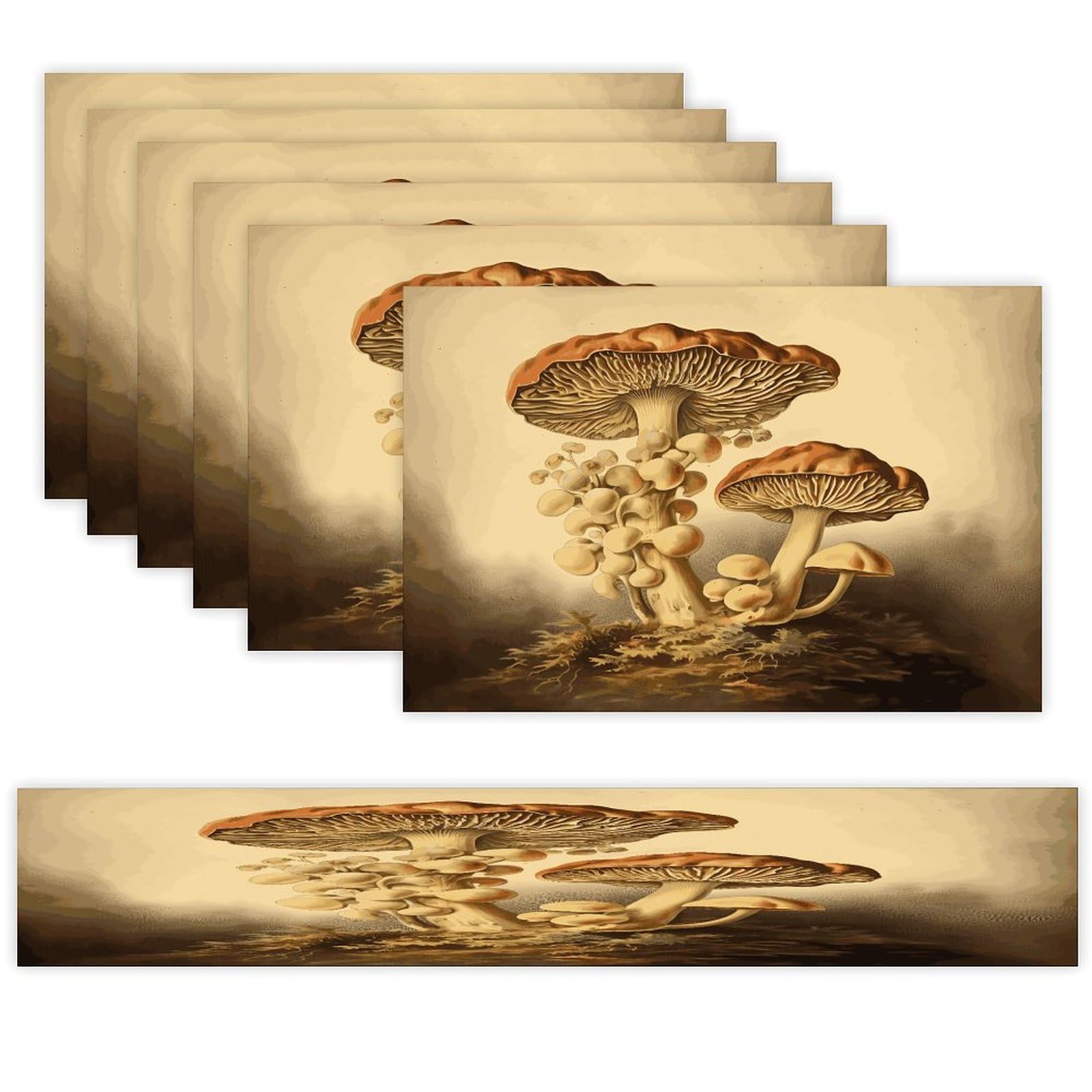 Vintage Mushrooms Table Runner and Placemats of 6 Washable Heat Resistant Place Mats with Table Runner Vintage Holiday Table Mat Set for Holiday Party Kitchen Dining Deco