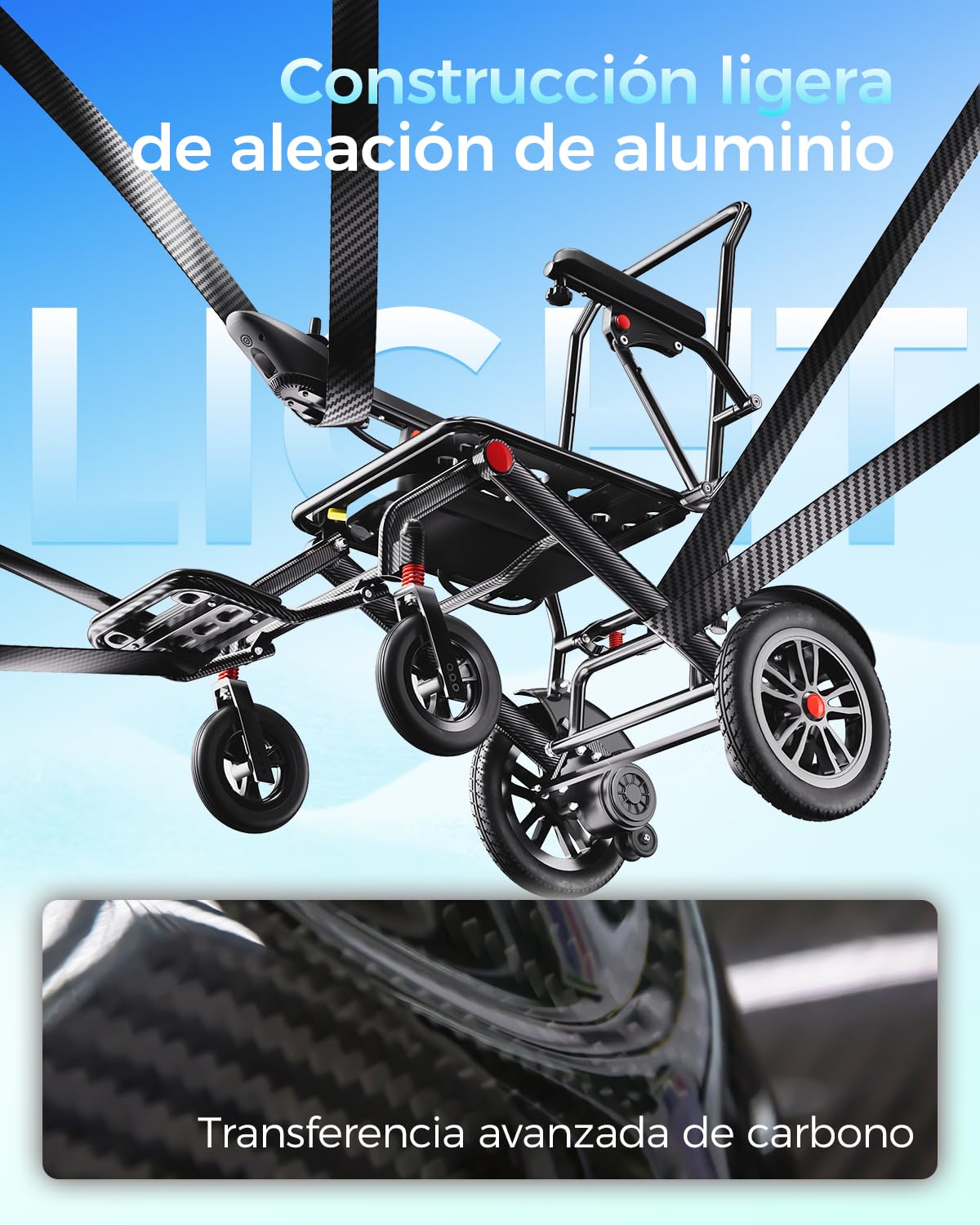 Silla de ruedas eléctrica plegable ligera para personas mayores y adultos, bastidor aluminio 19kg, batería litio 20Ah extraíble, doble motor 500W, carga 150kg