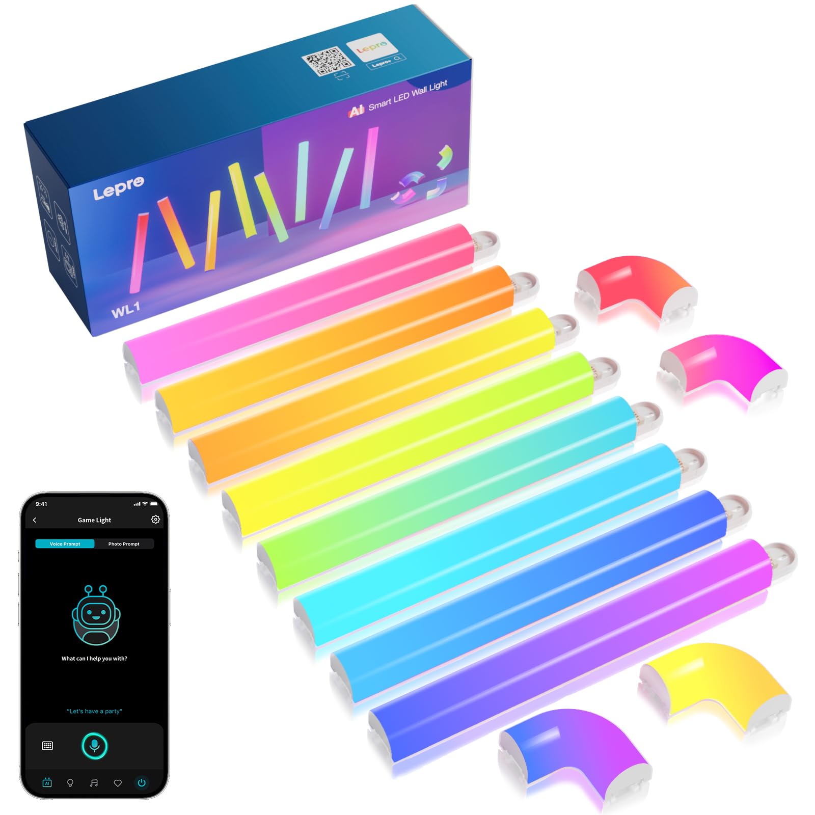 Lepro AI Glide Wall Light WL1, Wandleuchte mit App-, Musik- und Sprachsteuerung, kompatibel mit Alexa&Google Assistant, Personalisierter KI-Lichtdesigner für Gaming,Wand Deko, 8 Stück und 4 Ecke