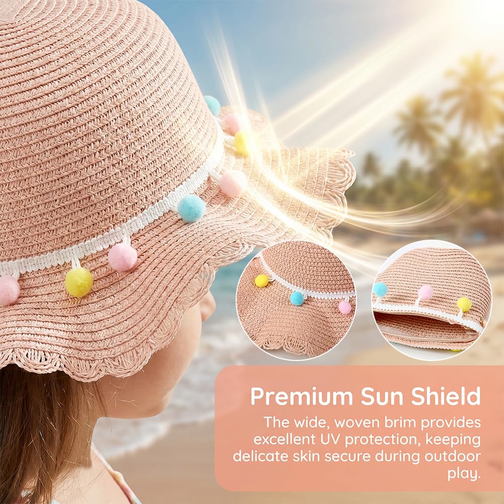 Sombrero de Paja Niñas, Gorra de Sol Chica y Bolsa de Paja Set Gorro de Playa Gafas de Sols Playa de Verano Sombrero Mini Bolsa Cruzada de Pajas Sombreros para Beach Viaje Piscina(Rosa)