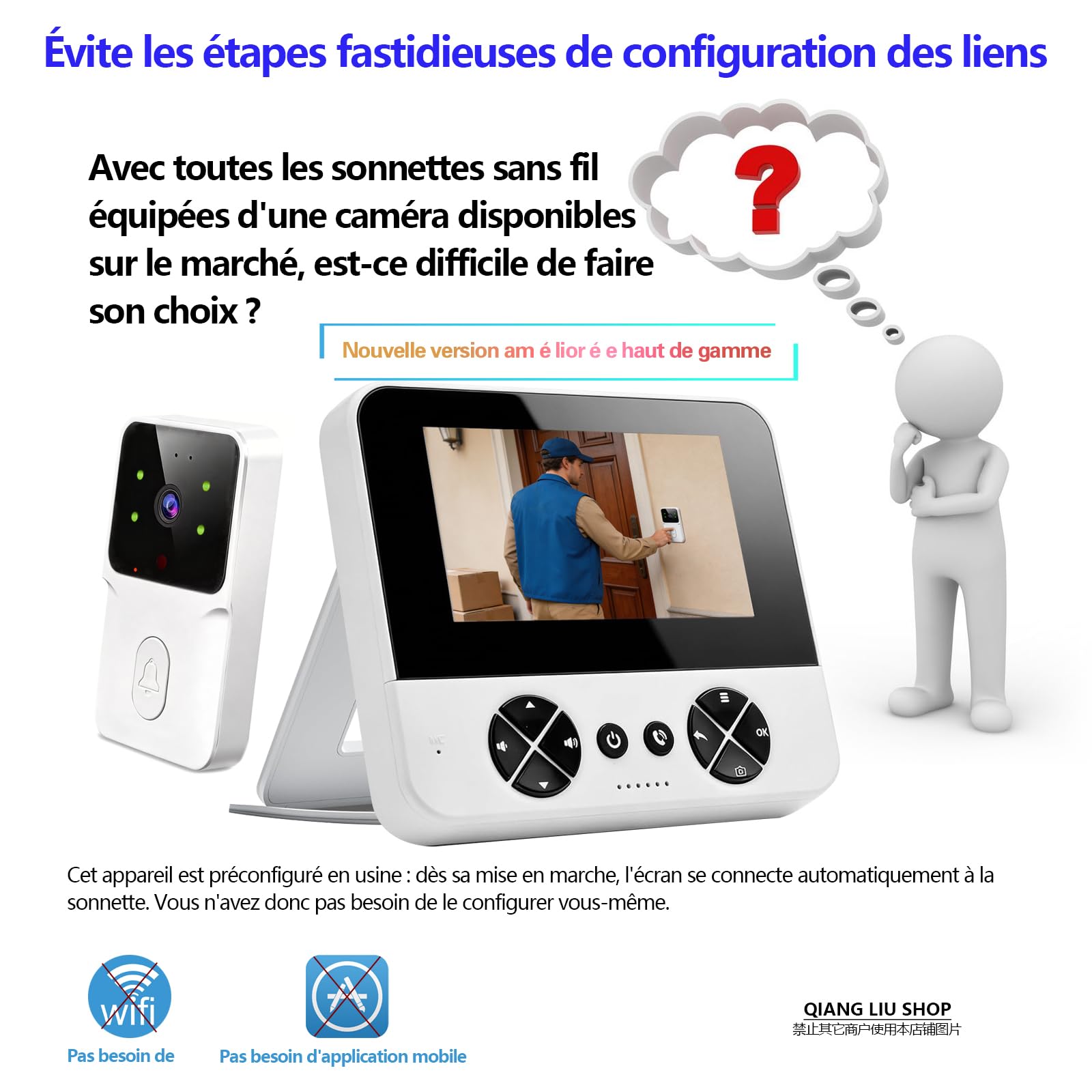 Écran de 4,3 pouces intelligente Sonnette sans Fil avec Caméra 1080P | Communication Bidirectionnelle,Vision Nocturne Infrarouge, Sans Application Ni Wi-Fi, IP65,Compatible avec les Cartes TF