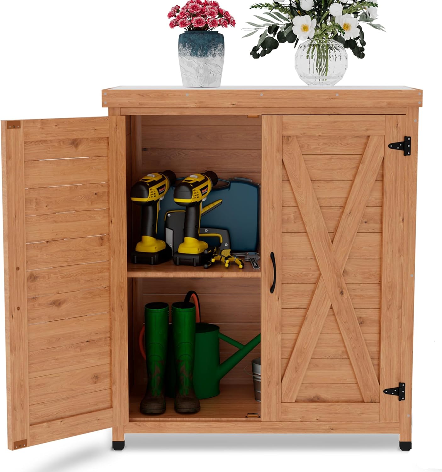 Outdoor Storage Cabinet with Metal Tabletop, Garden Potting Bench Table Solid Wood Planting Work Bench with Metal Tabletop, for Backyard Patio, Lawn, 31×18×36″, Light Brown