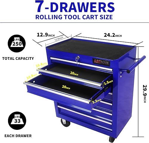Miniatura 2 de Carrito de herramientas con ruedas de 24.2 pulgadas, caja de herramientas rodante con 7 cajones, cajones con cerradura para garaje, almacén, taller