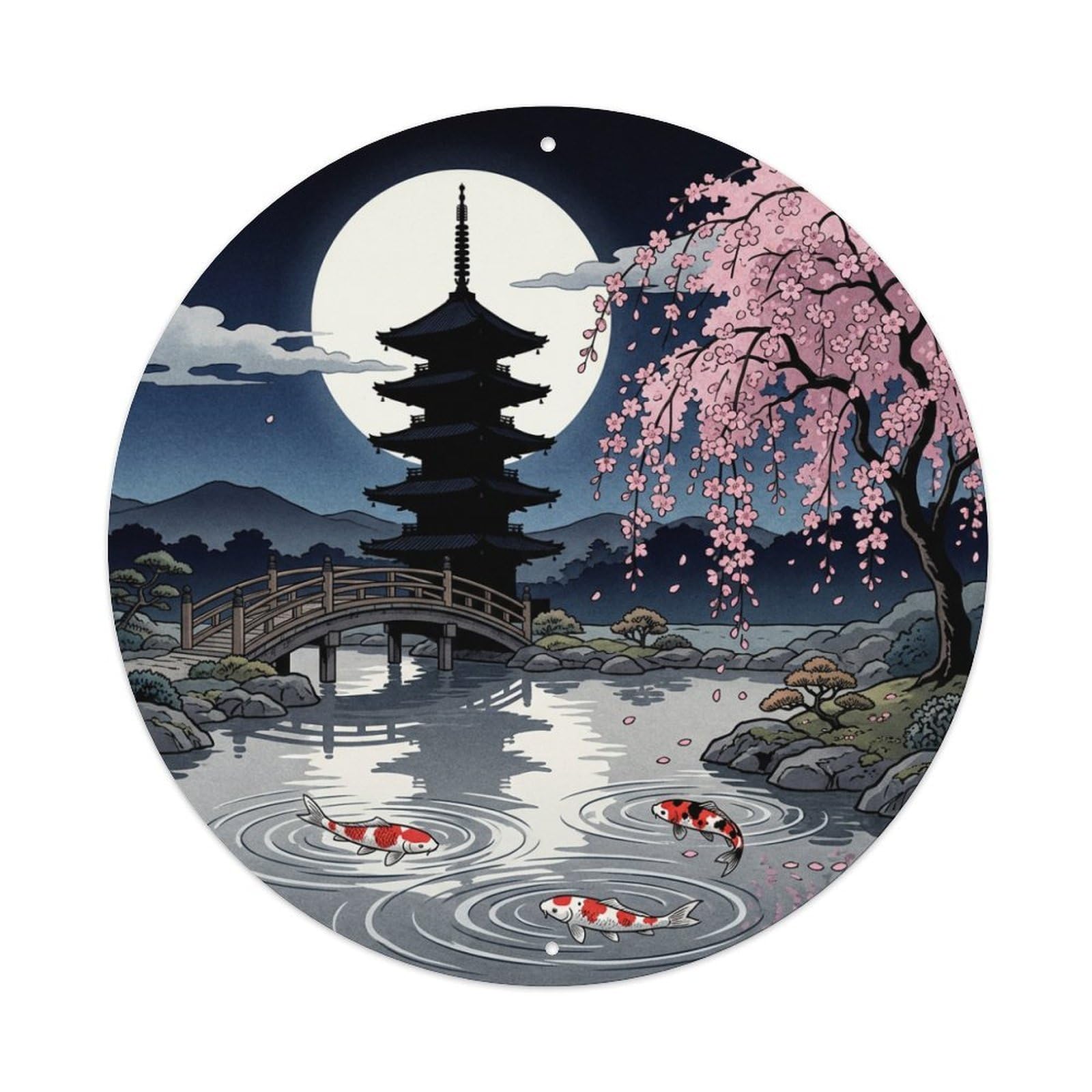 Galvaxio Style Japanese Pagoda Koi Fish Cherry Blossom Night Metal Tin Sign