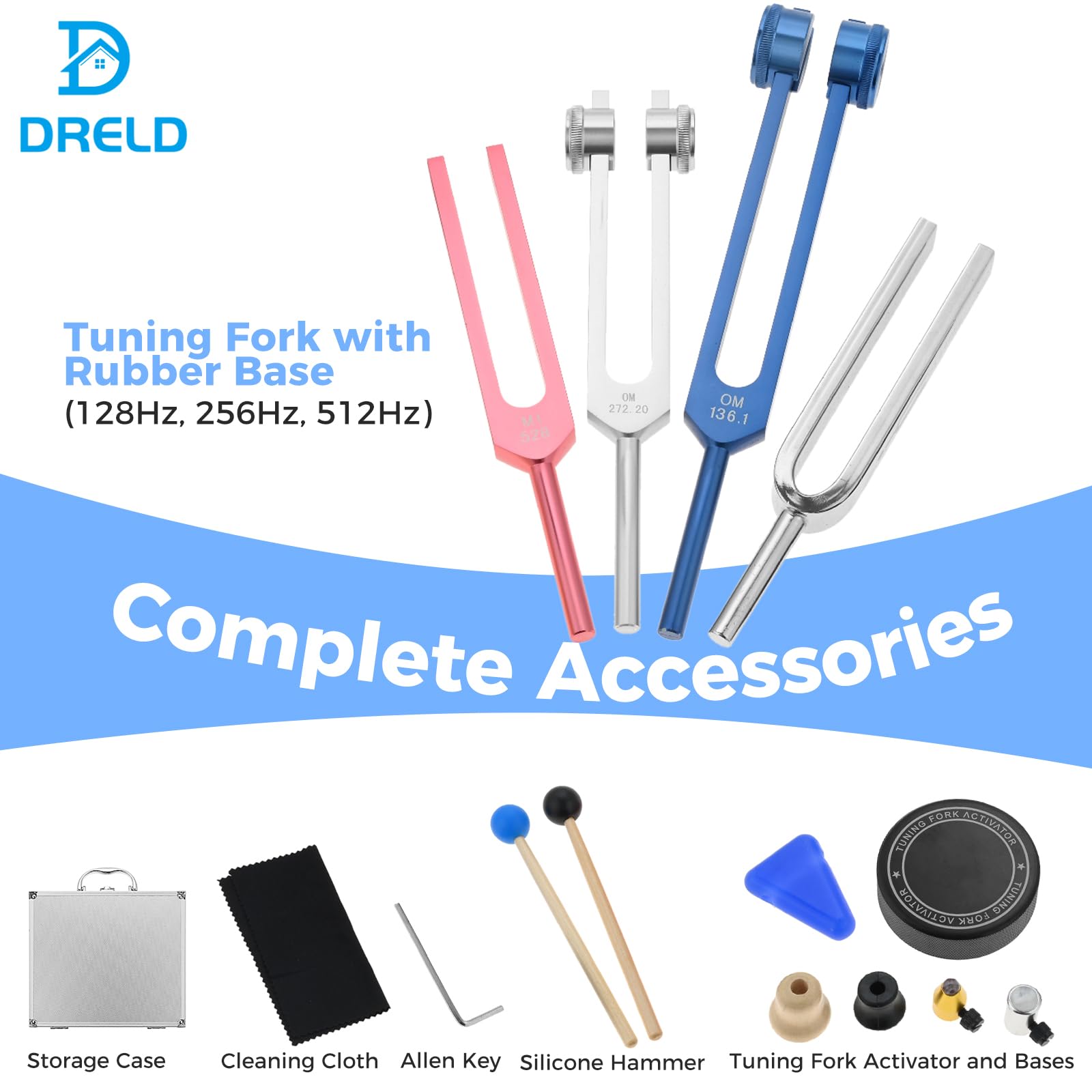 DRELD Kit de tenedores de afinación A440hz MI528 0M272.2 OM136.1, instrumento de curación colorido para terapia de sonido de chakras con martillo, bolsa de almacenamiento, activador de horquilla de