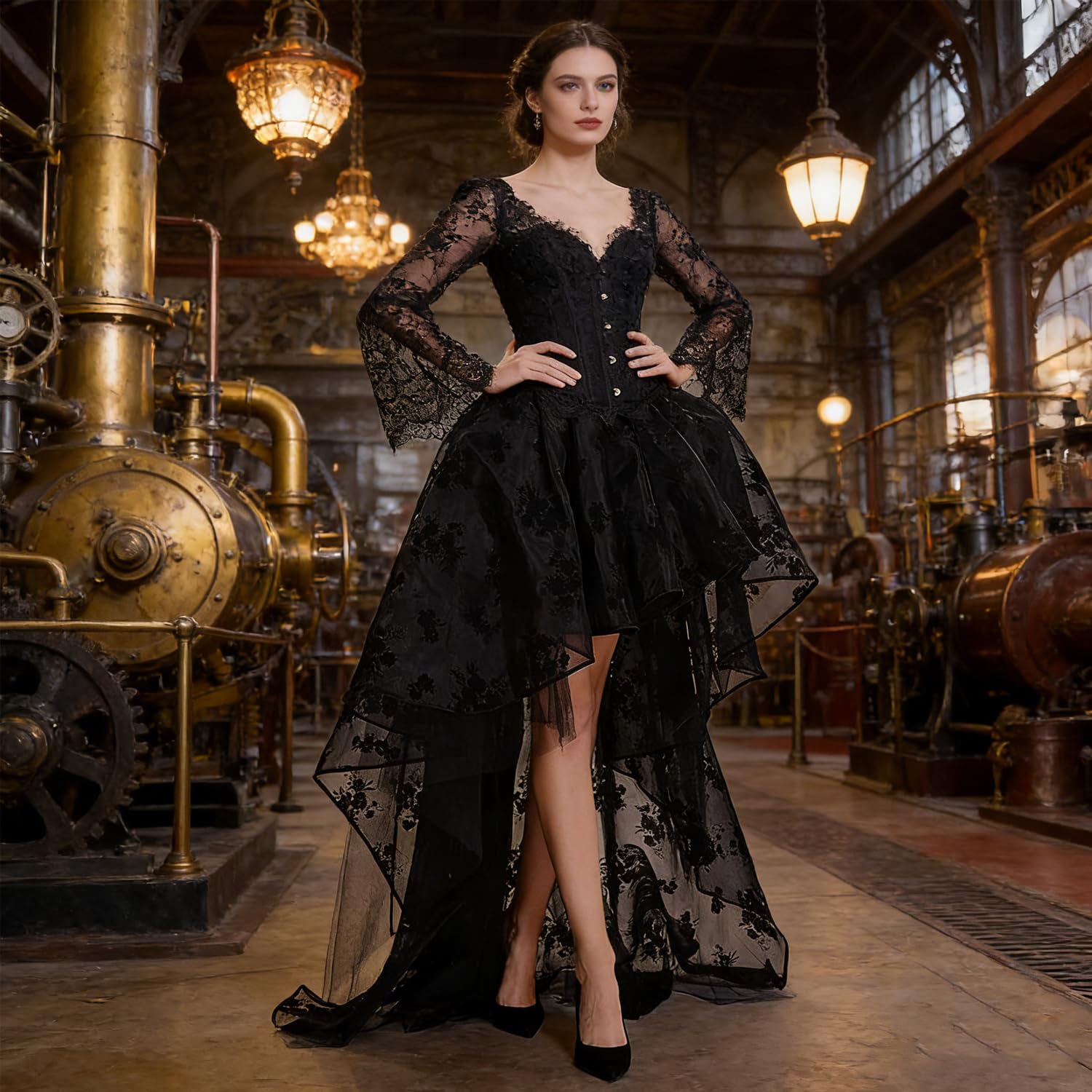 ZOOMA Donna Corsetto Maniche Lunghe con Gonna Lunga Jacquard Cincher della Vita Vestito di Due Parti