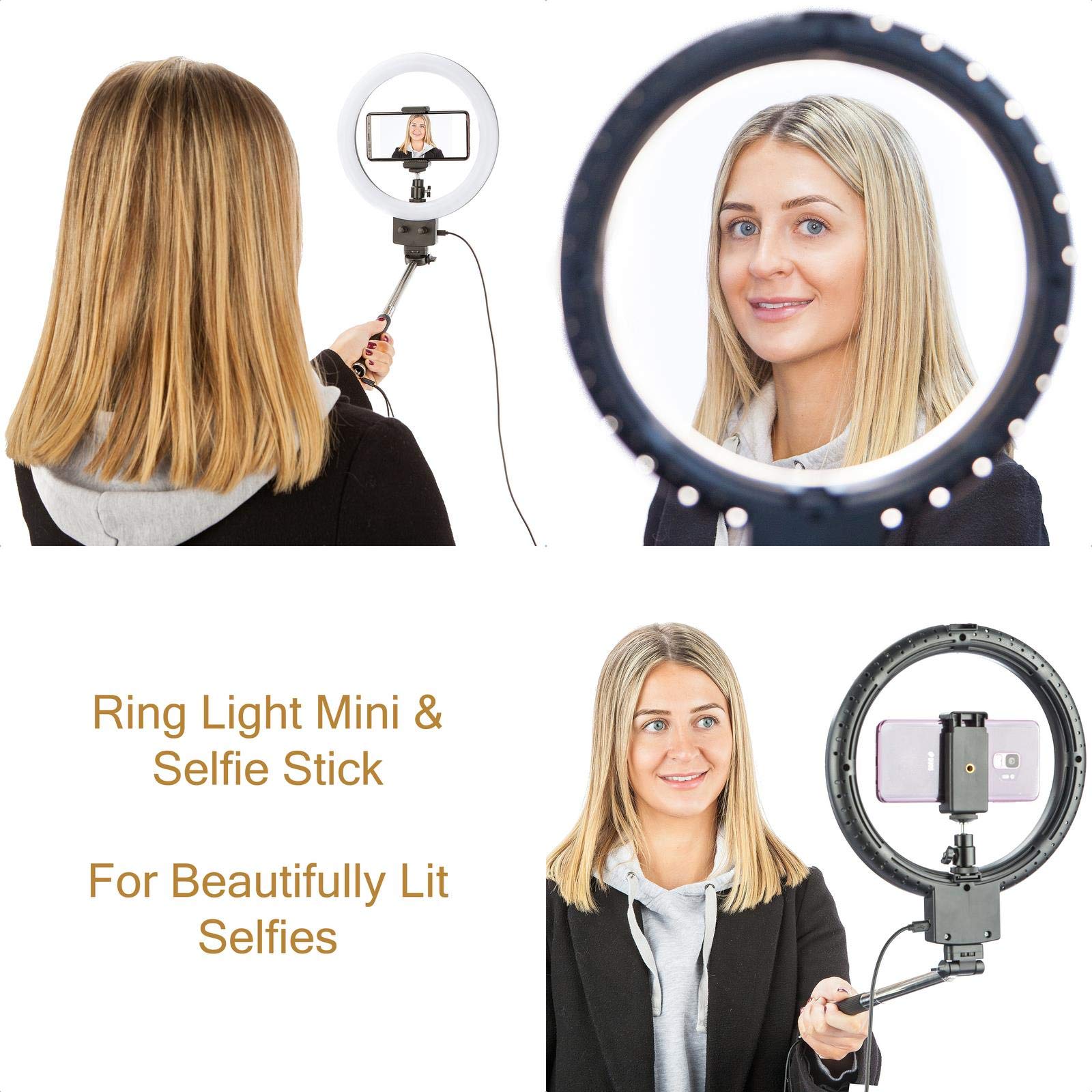 Luce ad anello per selfie con treppiede e supporto per telefono, luce ad anello LED da 9 pollici dimmerabile, 4 modalità di illuminazione e 11 livelli di luminosità per trucco, streaming live
