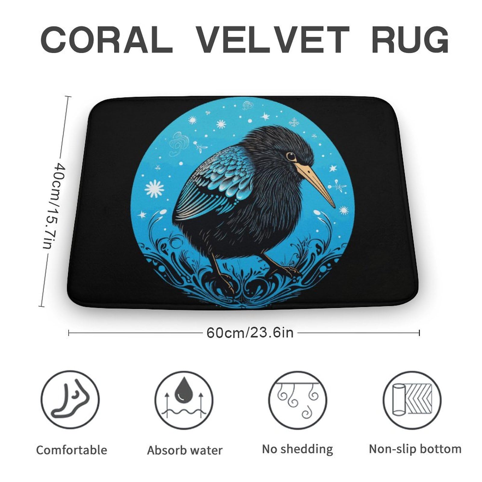 Kiwi Bird Coral Velvet Rugs Non-Slip Bathroom Rugs Soft Kitchen Rug Floor Carpet for Home Decor 15.7