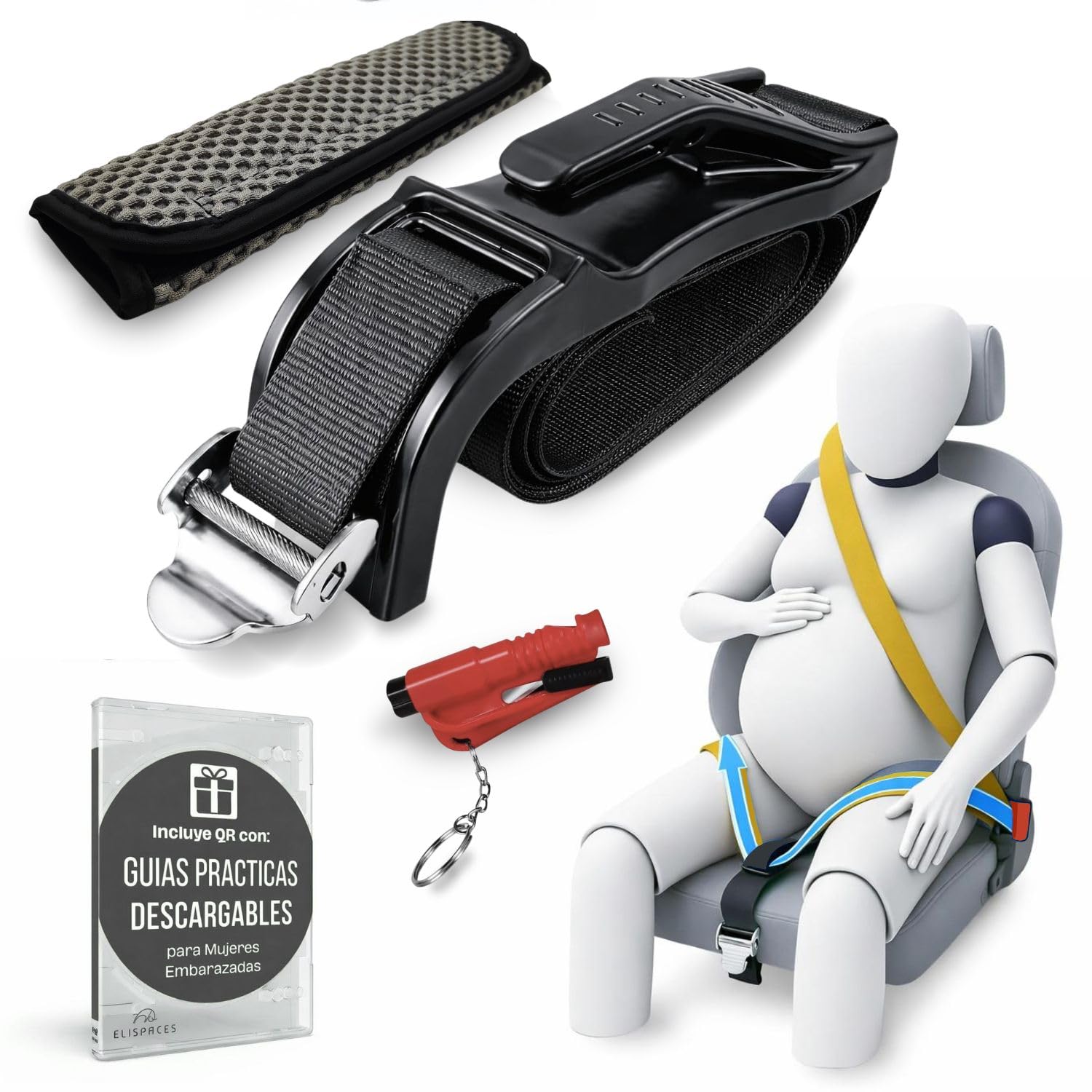 Adaptador de Cinturón Embarazada Coche Homologado | Accesorio Seguro con Hebilla Metálica | Incluye Hombrera Acolchada + Herramienta Multifunción + QR con Guías | Regalo Ideal para Premamás