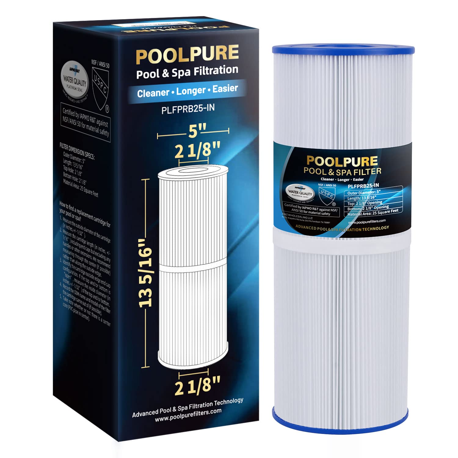 POOLPUREPLFPRB25-IN Hot Tub Filter Replacement for Unicel C-4326, Guardian 413-106, Filbur FC-2375, 3005845, 17-2327, 100586, 33521, 25392, 817-2500, 5X13 Drop in Spa Filter 1 Pack