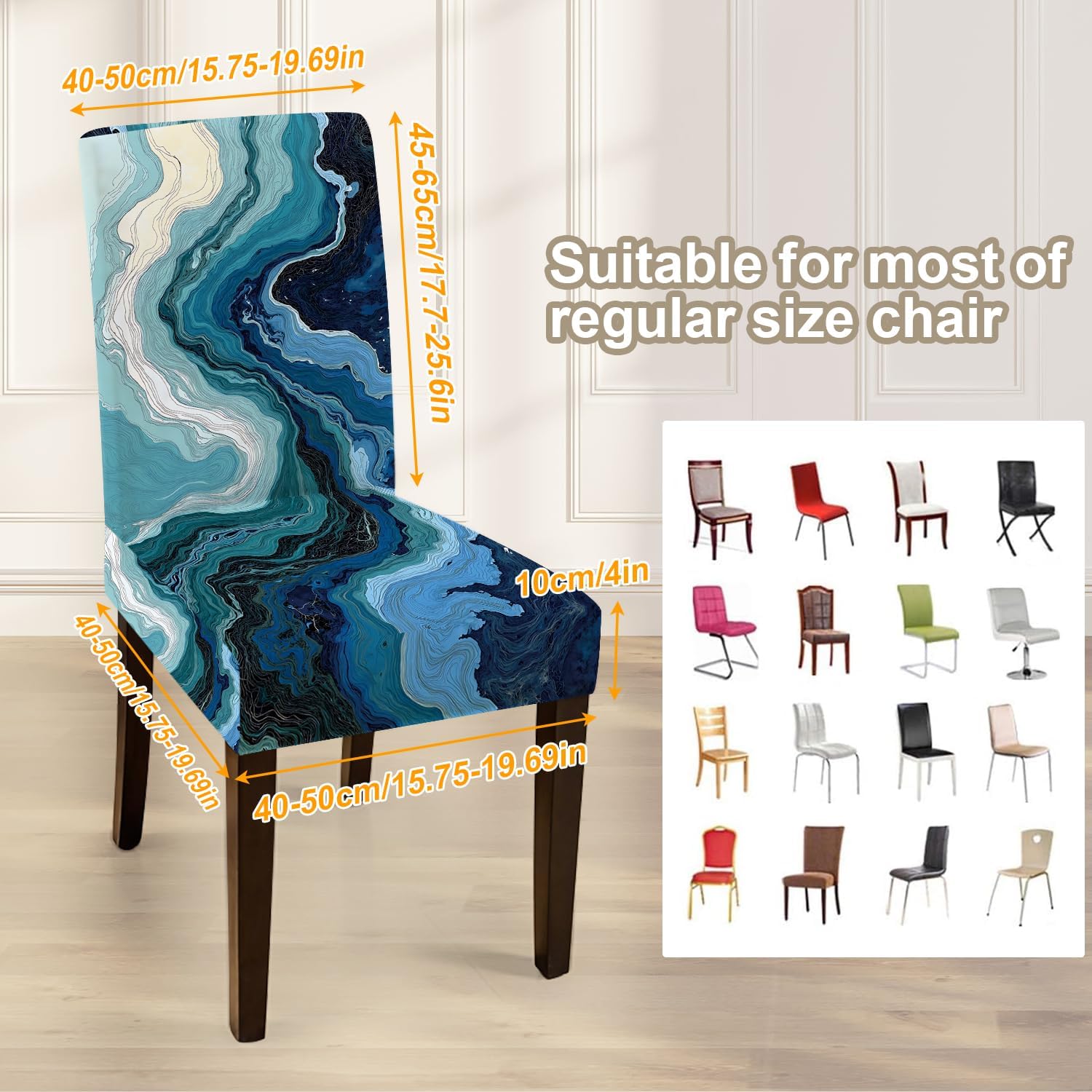 ANNA QUEEN Blue Marble Chair Covers Set of 4, Stretch Dining Chair Slipcovers with Ocean Wave Abstract Pattern, Washable Seat Back Covers for Kitchen Dining Room Home Decor