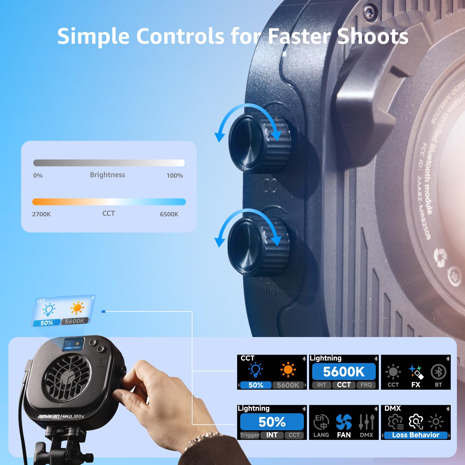 amaran Halo 100x 100W Bi-Color COB LED Videoleuchte, 4.890 Lux @1m, Ultra-Kompakt, Bowens Mount, USB-C PD & DC Netzteil, CRI 96+, TLCI 97+, DMX & App-Steuerung