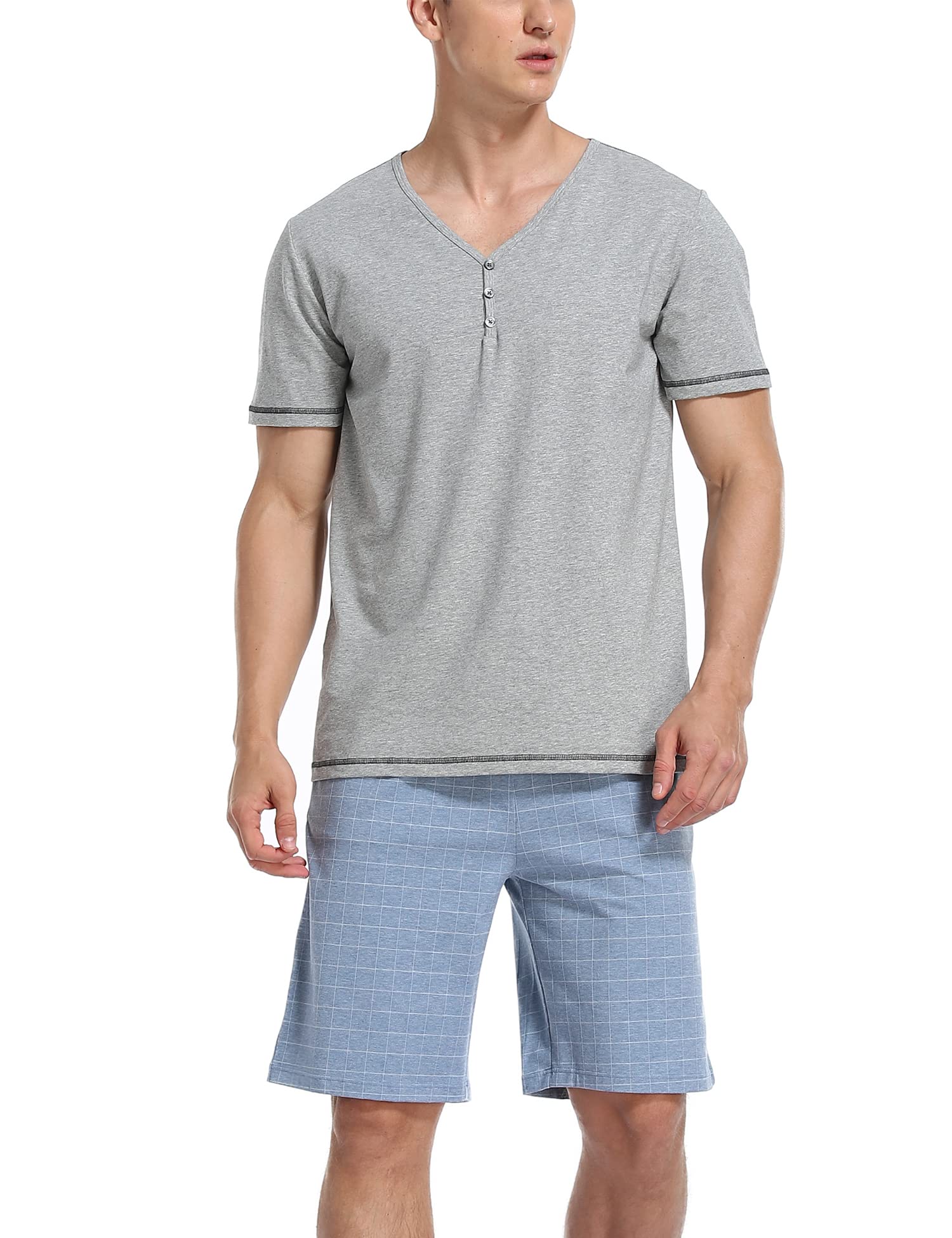 COLORFULLEAF Herren-Pyjama-Set, 100 % Baumwolle, kurzärmelig, Knopfleiste, gekerbter Kragen, Nachtwäsche, weicher Lounge-Pyjama mit Taschen