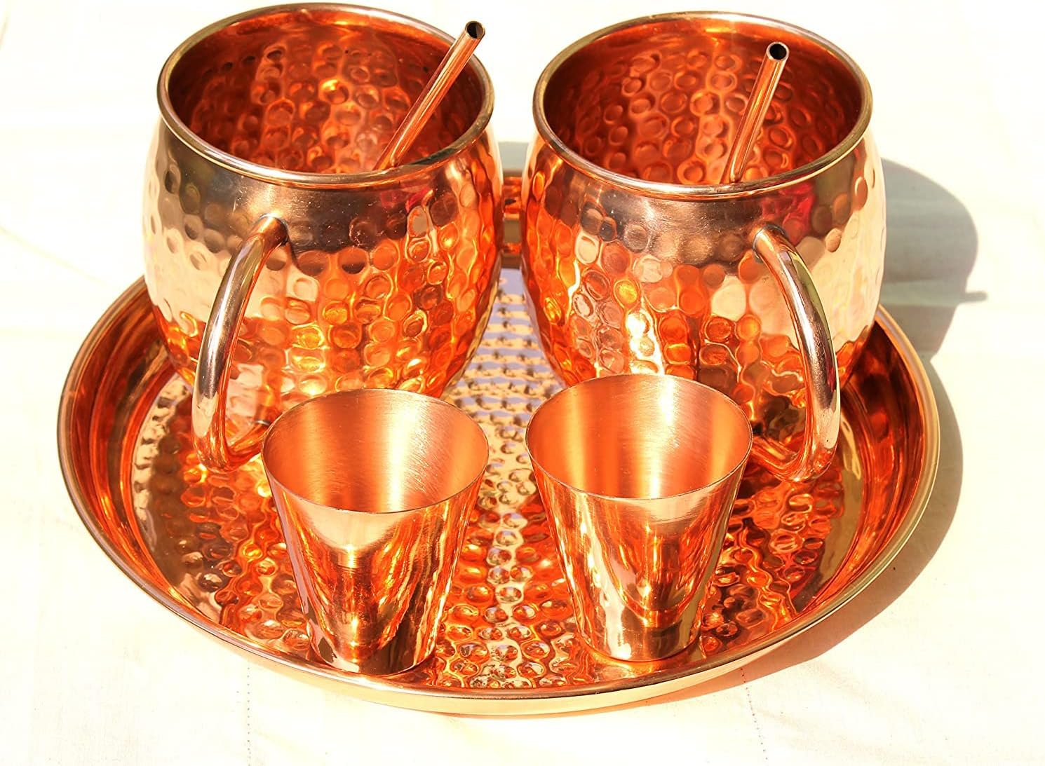 PARIJAT HANDICRAFT Set of 2 Copper Hammered Moscow Mule Mug Capacity-18 Ounce, Smooth Shot Glasses Capacity-2 Ounce, Drinking Straws with Tray, Set