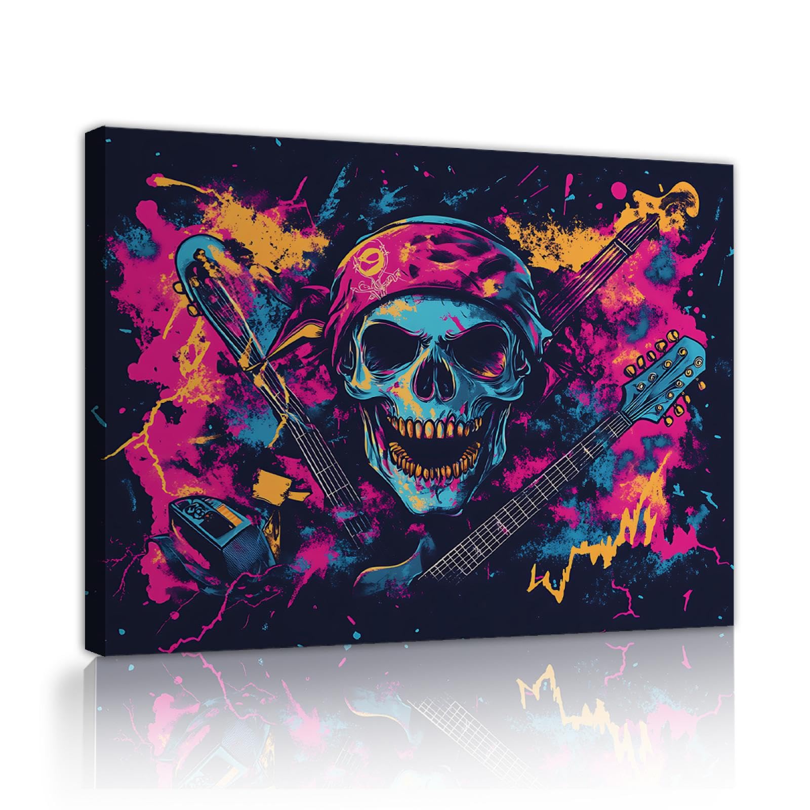 UIRINGART Impression sur toile de style hip hop Crâne psychédélique avec guitare Décoration murale pour salon Bar Halloween thème œuvres d’art affiches 80x110cm Cadre intérieur