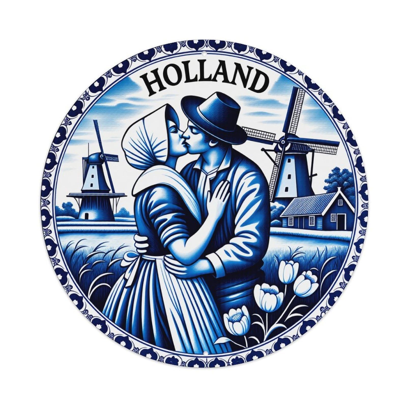 Wmlzdnwr Vintage Holland Couple Windmill Tulip Blue White Pattern Round Tin Sign,Retro Wall Art,Metal Poster For Home, Bar, Garage, Cafe, Rustic Indoor & Outdoor Decor, 8X8 Inches