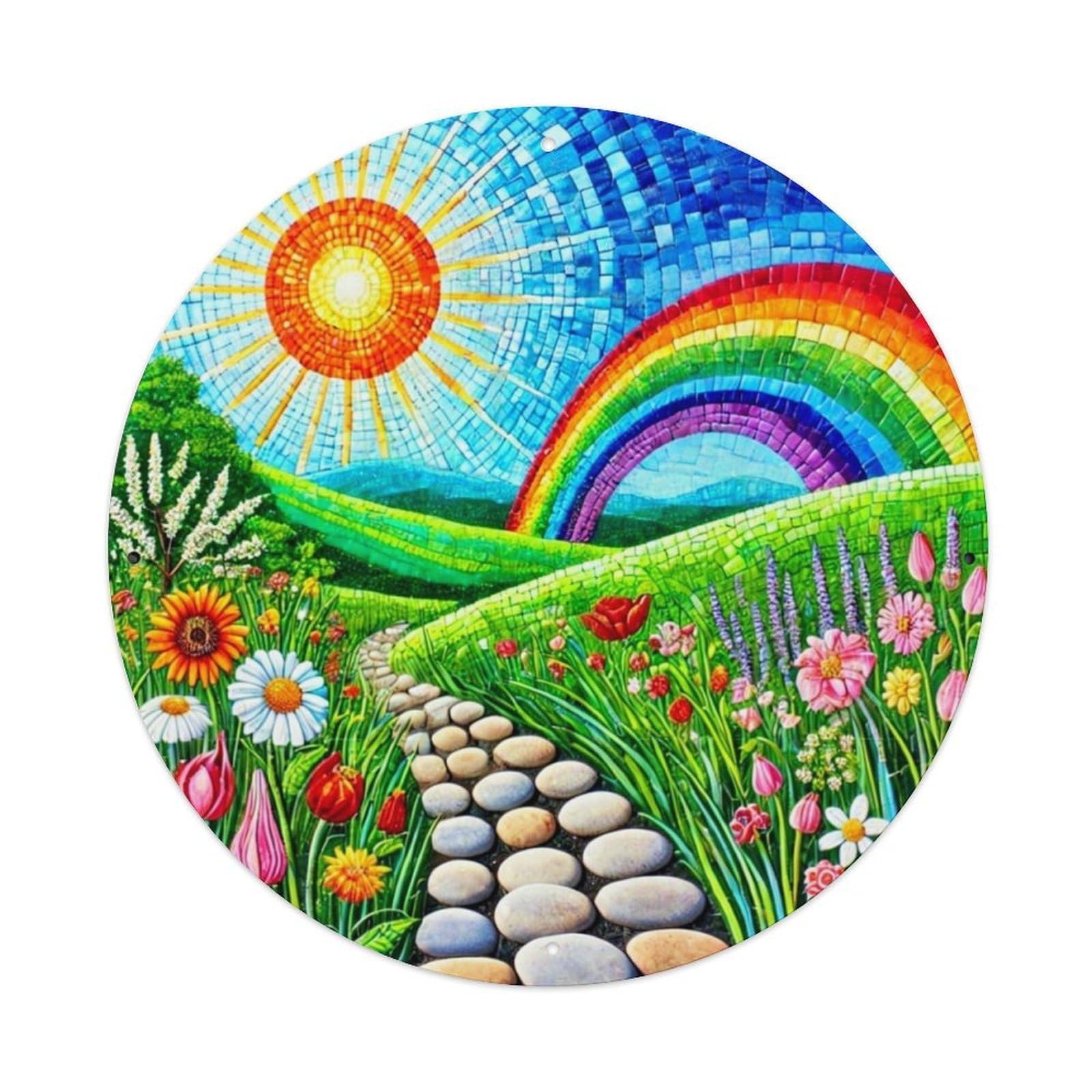 Mosaic Rainbow Sunflower Garden Path Vintage Metal Tin Sign Retro Wall Decor for Home Bar Garage Cafe, Indoor & Outdoor Decorative，circle Metal Poster, 8x8 Inch