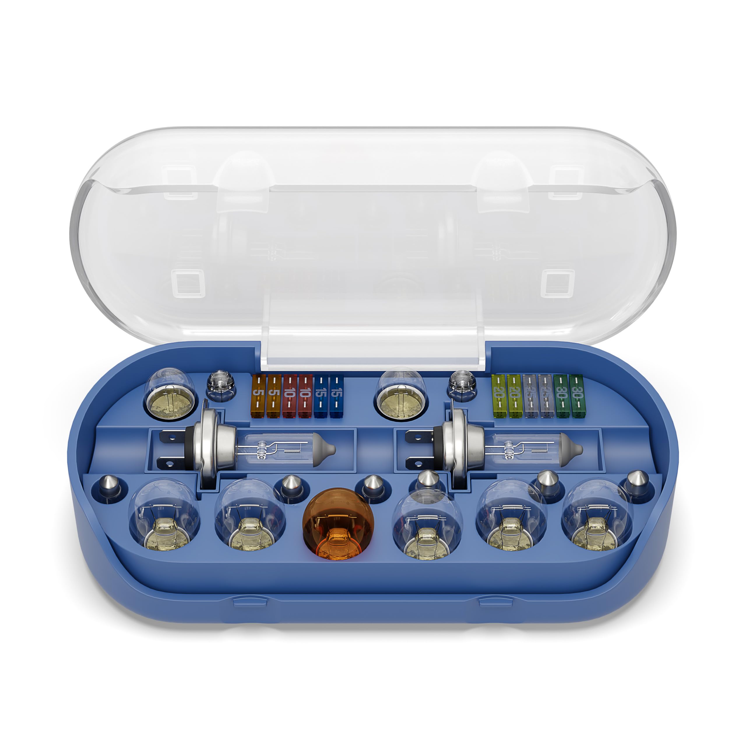 Zestaw BLUETECH® H7 30-częściowy z bezpiecznikami samochodowymi, żarówki halogenowe, żarówki sygnalizacji, zestaw zapasowych żarówek do samochodu, żarówki do auta