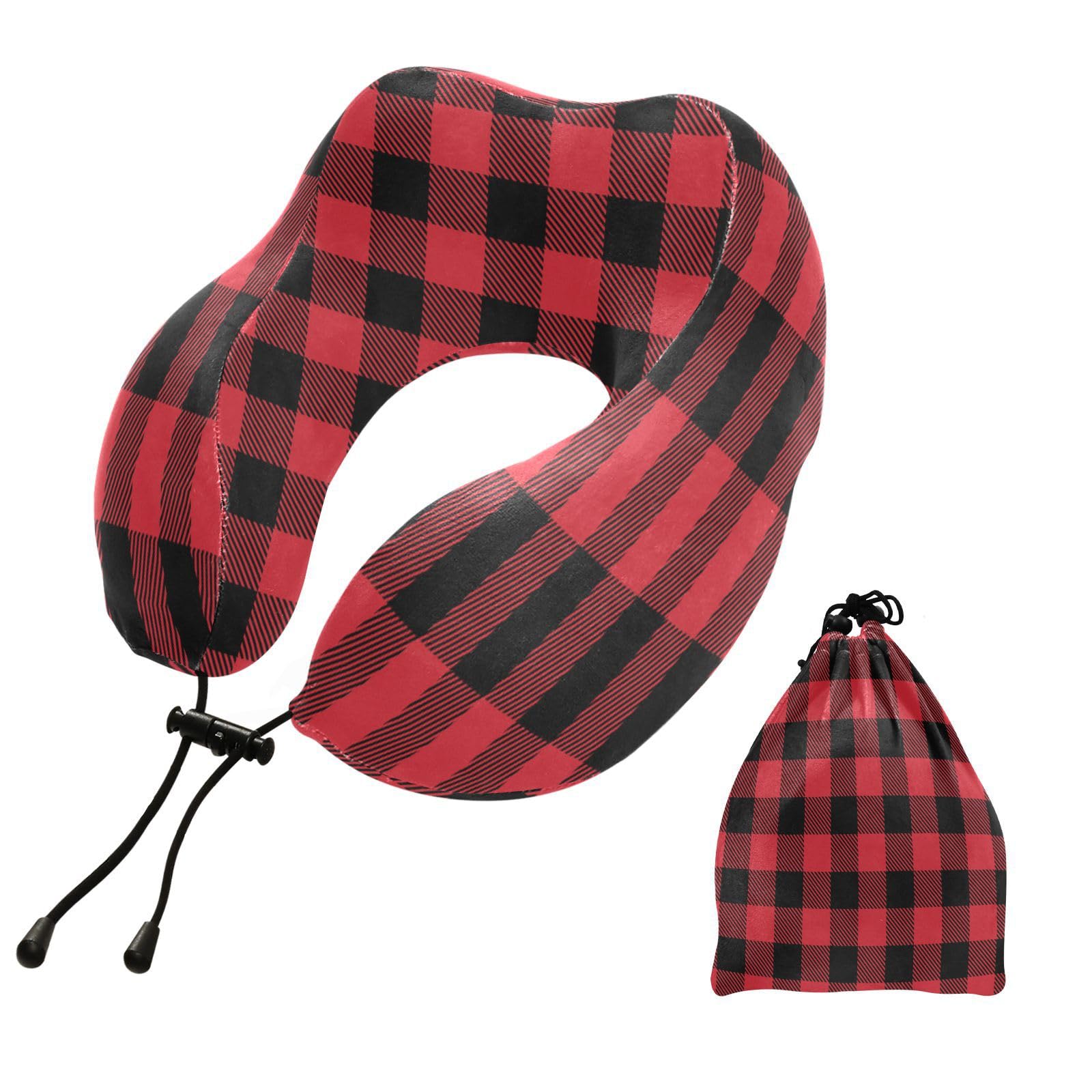 Eionryn Lumberjack Buffalo Plaid Travel Pillow Red Black Tartan Check Memory Foam Neck Pillow with Travel Bag Soft for Headrest Sleep Airplane Car Travel Home,Office