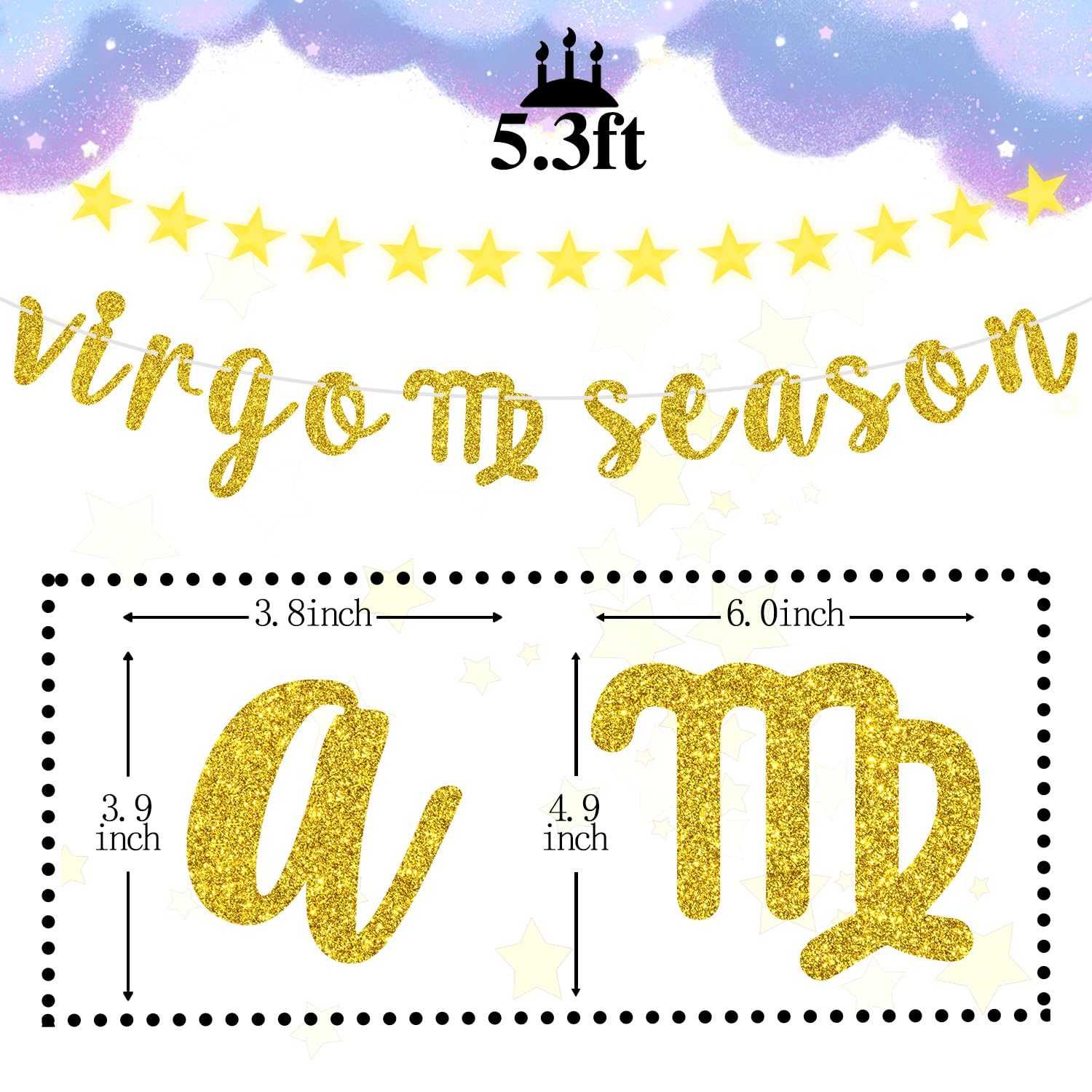 Virgo Season Birthday Banner - Gold Glitter Zodiac Constellation Party Decor, 6.5 Ft Long, DIY String