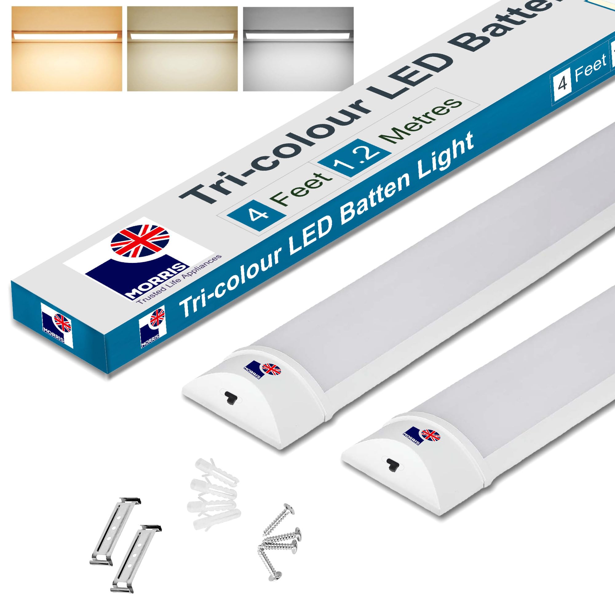 Morris LED Batten Light 4FT, 5FT, 3 Colours 3000k/4000k/6500k (2, 4FT (120cm))