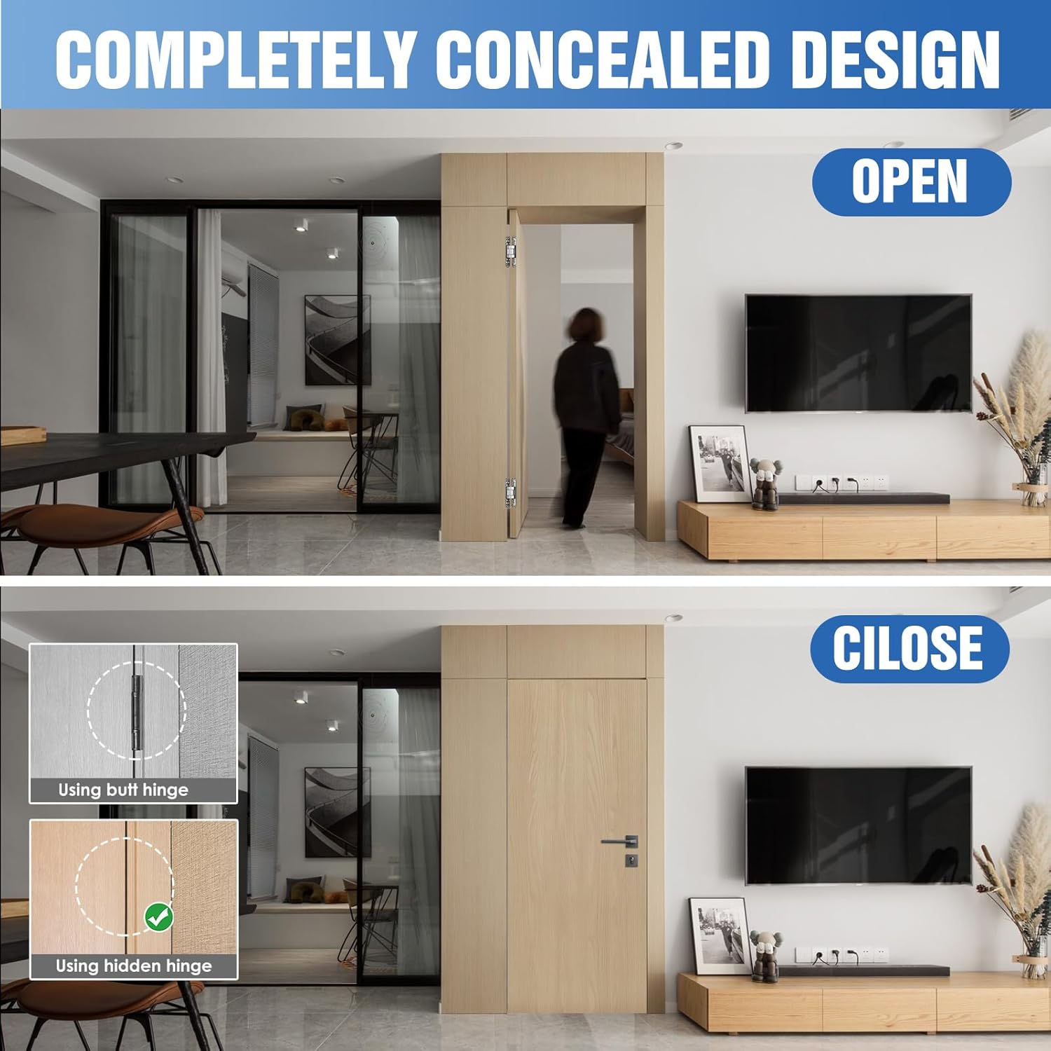 6" Hidden Door Hinge,Invisible Door,Hidden Door Hinges for Secret Door 3-Way Adjustable Butt 6 x 2.5 x 1 (2PCS) (Silver, 6 inches)