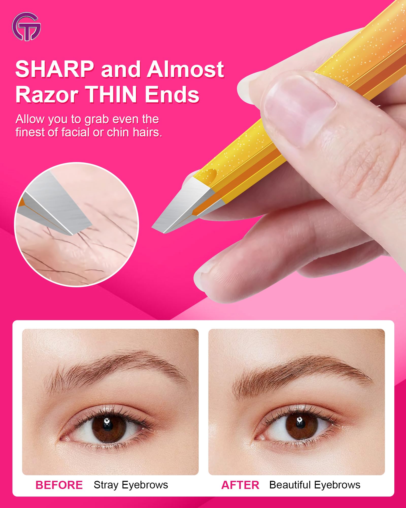 GlamTweeler Expert - Pinzas de depilación de cejas con funda de cuero, punta inclinada de alta precisión, pinzas de acero inoxidable para hombres y mujeres (fucsia brillante y amarillo)