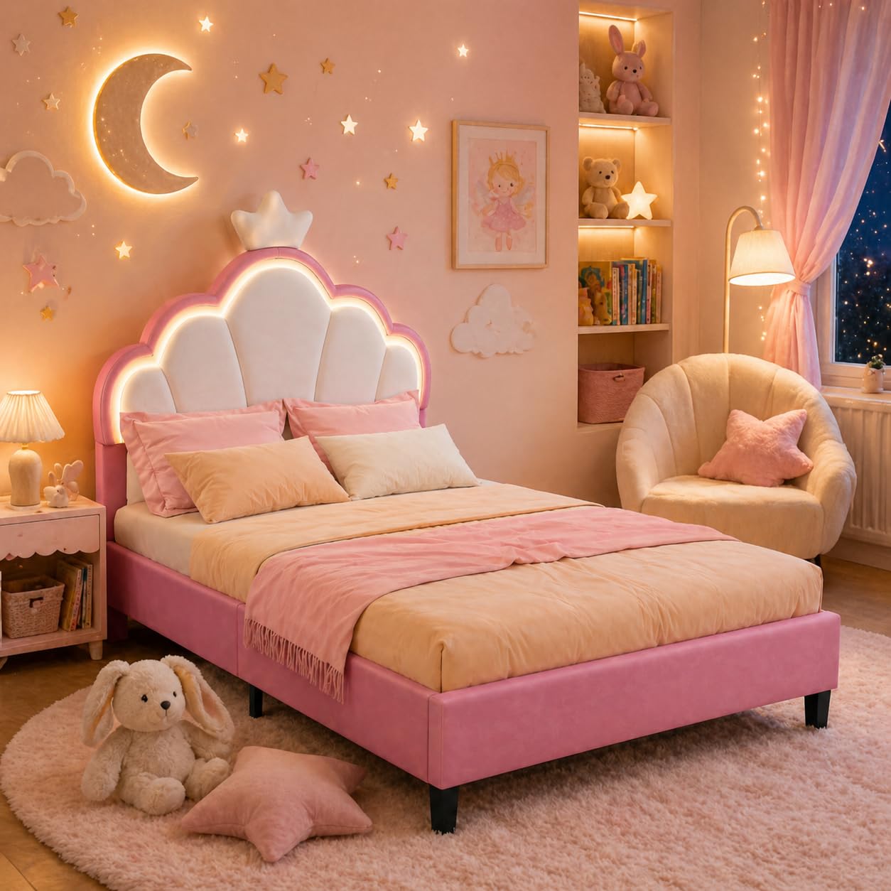 Kinderbett Polsterbett 90x200 cm, LED Einzelbett für Mädchen mit Kronen-Design und verstellbarem Kopfteil, gemütliches Samtbett für fantasievolle Kinderzimmer (90x200cm)
