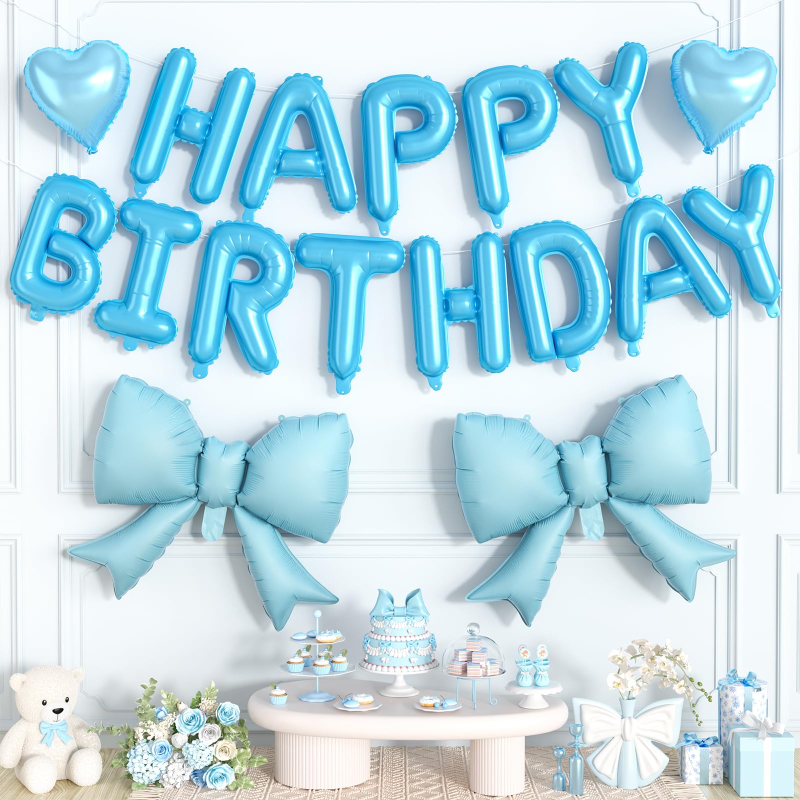 Blue Happy Birthday Balloon Banner,21Inch Pink Bow Balloons,10Inch Heart Foil Balloon Set for Girls Women Birthday Decorations Princess Coquette Party Decor