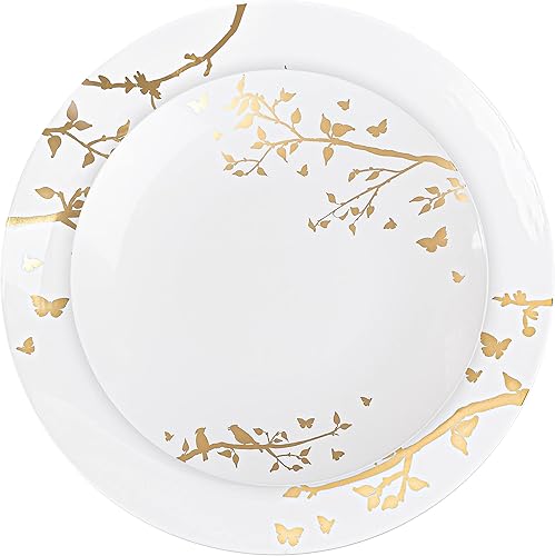 Miniatura 4 de Plasticpro Platos de fiesta de diseño de plástico blanco de alta calidad, pesados y elegantes platos desechables (32, colección primaveral dorado)