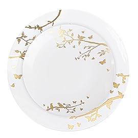 Plasticpro White Plastic Design Party Plates Premium heavyweight Elegant Disposable Tableware Dishes (32, Spring Collection Gold)