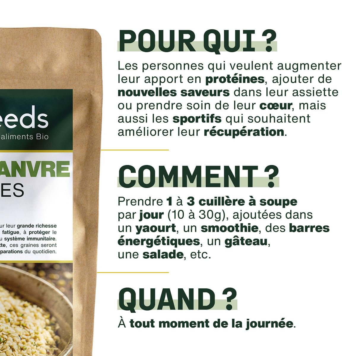 Graines de Chanvre Décortiquées Bio 500G | Origine EU, Protéines végétales, Anti-fatigue | Qualité Supérieure